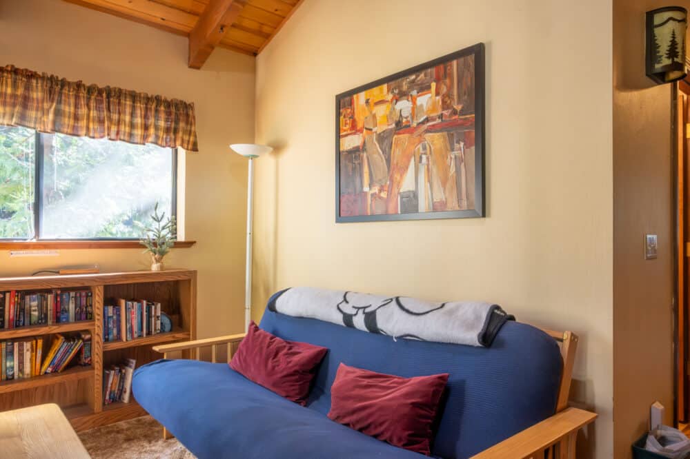 Dorrington Vacation Rental Cabins - A living room with a blue couch and bookshelves.