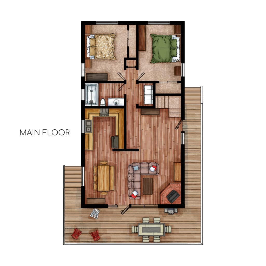 Dorrington Vacation Rental Cabins - Top view of a detailed main floor plan, showing a living area, kitchen, two bedrooms, and bathrooms, all labeled and furnished.