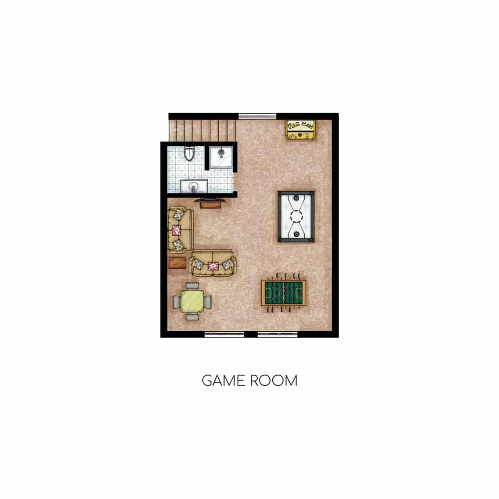Dorrington Vacation Rental Cabins - Illustration of a game room floor plan, featuring a bathroom, pool table, foosball table, seating area, and dart board.