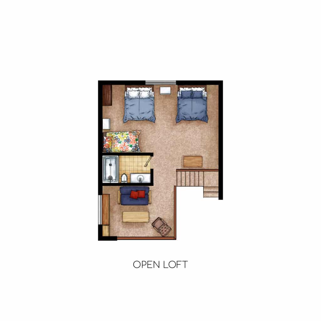Dorrington Vacation Rental Cabins - Overhead view of an open loft floor plan featuring two beds, a seating area, shelves, and a wooden floor.
