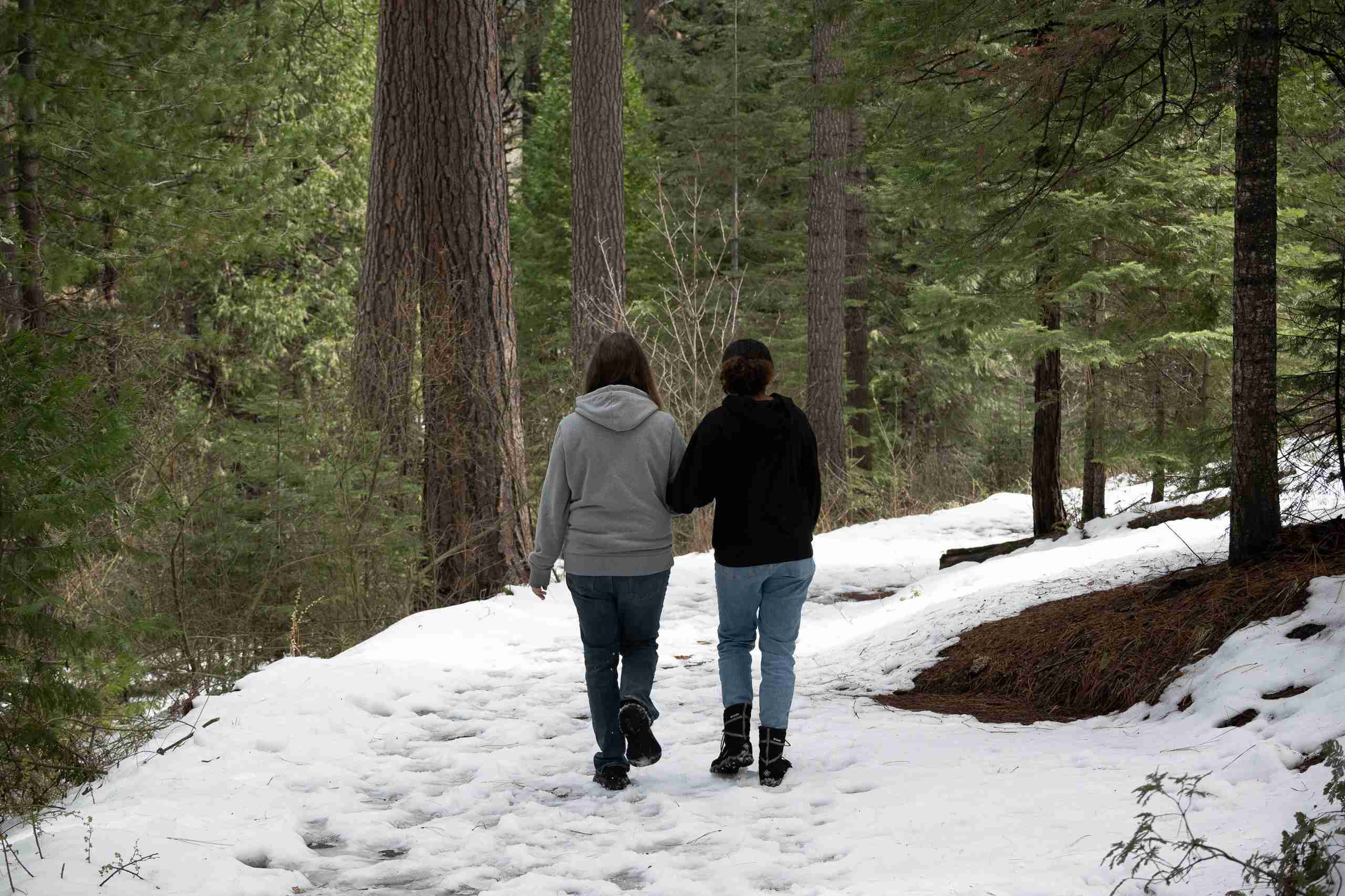 Dorrington Vacation Rental Cabins - Two people walking on a snow-covered path in a forest.