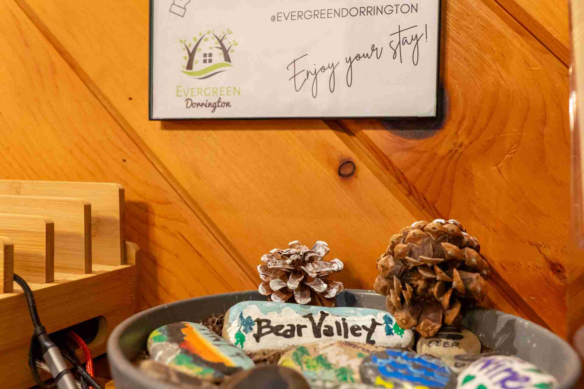 Wooden display with "Evergreen Dorrington" sign, painted stones, and pinecones.