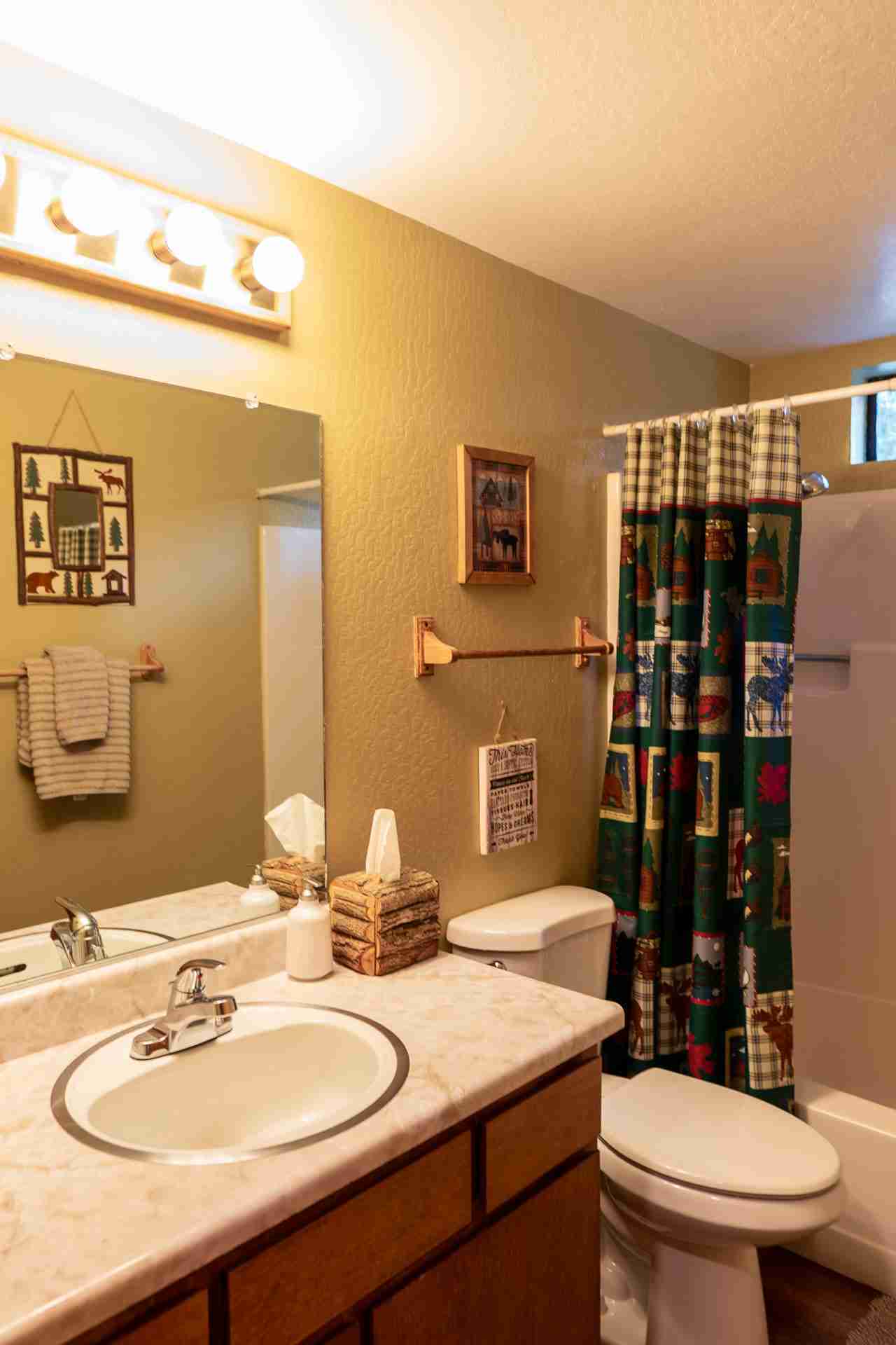 Small bathroom with marble counter, mirror, toilet, nature-themed shower curtain, wooden decor.